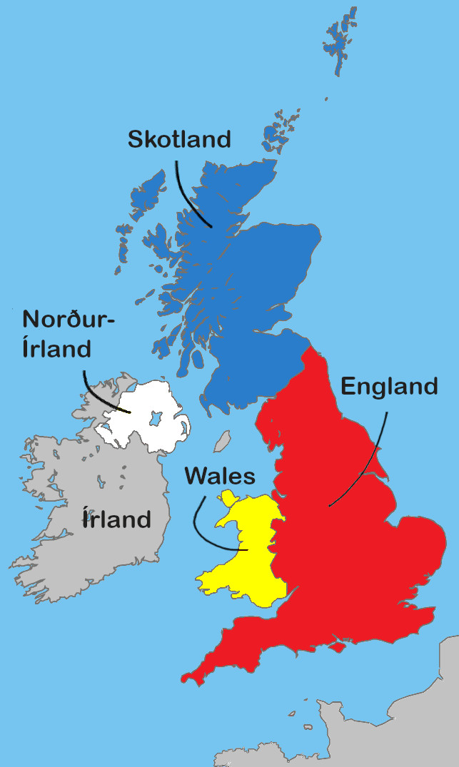 England, Skotland og Wales eru svæði á eyjunni Stóra-Bretlandi. Ásamt Norður-Írlandi mynda þau ríkið Bretland eða Hið sameinaða konungsríki Stóra-Bretland og Norður–Írland. Bretlandseyjar ná yfir Stóra-Bretland, Írland og nálægar eyjar. England, Skotland og Wales eru svæði á eyjunni Stóra-Bretlandi. Ásamt Norður-Írlandi mynda þau ríkið Bretland eða Hið sameinaða konungsríki Stóra-Bretland og Norður–Írland. Bretlandseyjar ná yfir Stóra-Bretland, Írland og nálægar eyjar.
