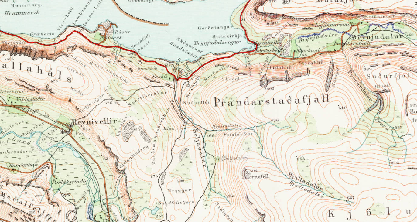 Fossá í Kjós og Dauðsmannsbrekka um það bil fyrir miðri mynd.