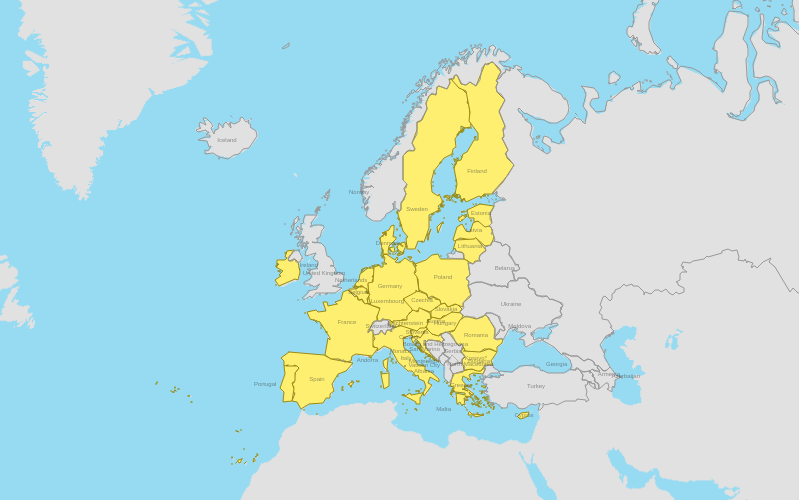 Ríki Evrópusambandsins (gul) á korti. Ríki Evrópusambandsins (gul) á korti.