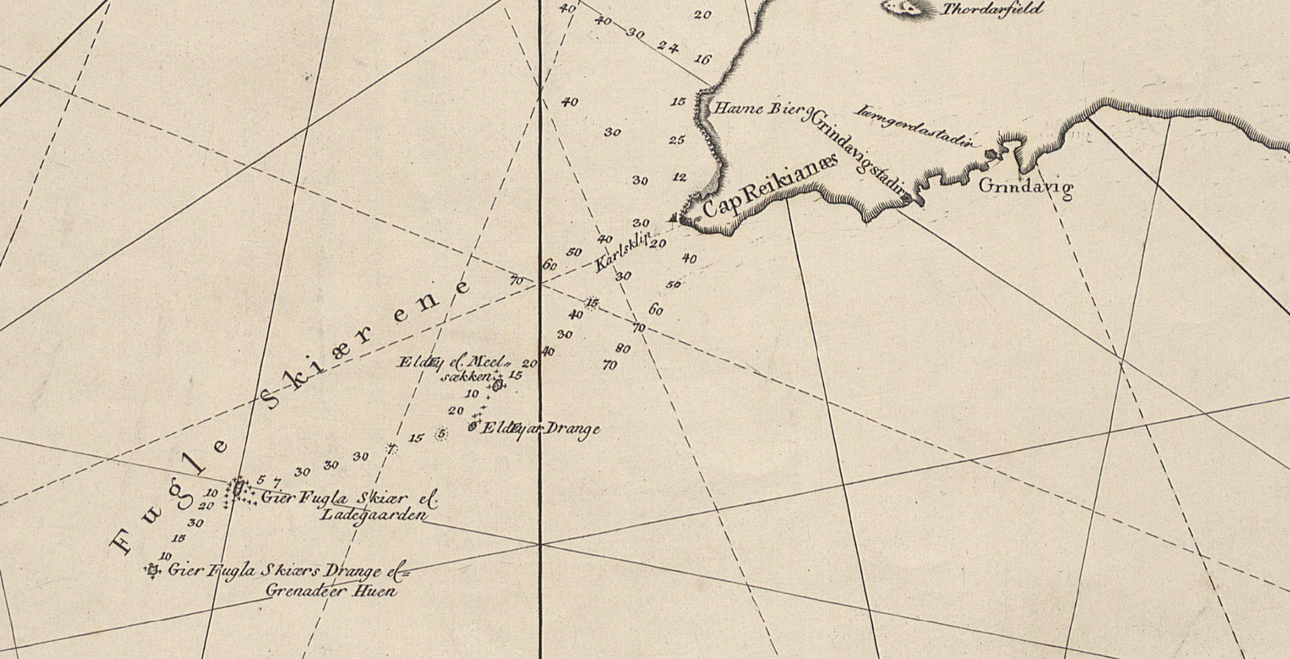 Woxende kaart over en deel af den westlige kyst af Island fra Fugle Skiærene til Stikkelsholm eftir Hans Erik Minor, prentað 1778. Woxende kaart over en deel af den westlige kyst af Island fra Fugle Skiærene til Stikkelsholm eftir Hans Erik Minor, prentað 1778.