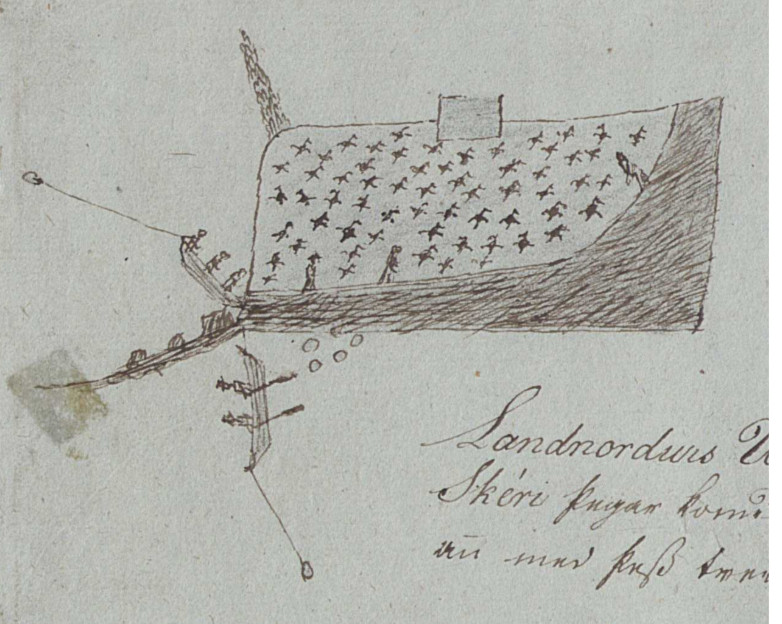 Teikning úr handritinu Lbs 44 fol., bl. 71r. Eintakið er nokkuð yngra afrit af frásögn Guðna og var hluti af handritasafni Steingríms Jónssonar biskups. Teikning úr handritinu Lbs 44 fol., bl. 71r. Eintakið er nokkuð yngra afrit af frásögn Guðna og var hluti af handritasafni Steingríms Jónssonar biskups.