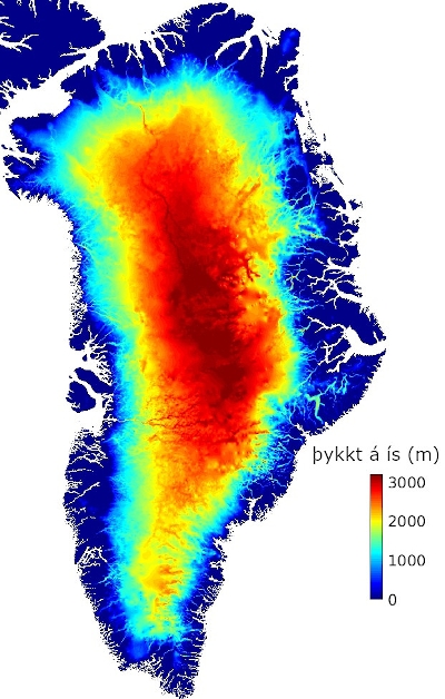 Kort sem sýnir þykkt ísbreiðunnar á Grænlandi. Meðalþykkt Grænlandsjökuls er um 1500-2000 m, og eðlismassi jökulíss er um 920 kg/m<sup>3</sup>. Þetta svarar til þrýstings sem jafngildir um 400-600 m af jarðlögum með eðlismassa 3300 kg/m<sup>3</sup>.