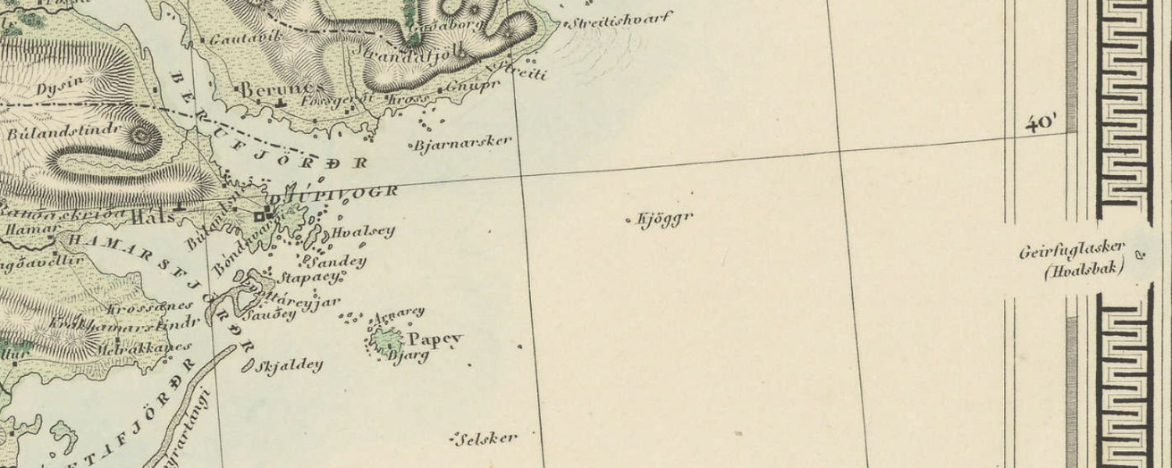 Á kort Björns Gunnlaugssonar frá 1844 er Geirfuglaskeri troðið inn í rammann og nafnið Hvalsbak sett í sviga. Á kort Björns Gunnlaugssonar frá 1844 er Geirfuglaskeri troðið inn í rammann og nafnið Hvalsbak sett í sviga.