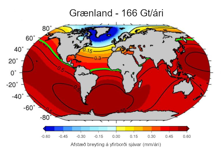 Skýringarmynd sem sýnir afstæða breytingu á yfirborði sjávar (mm/ári) vegna þyngdarkraftsáhrifa bráðnunar Grænlandsjökuls á tímabilinu 2000-2008 (mynd 2a í grein Bamber og Riva (2010)). Bláu litatónarnir tákna að sjávarstaða lækkar en gulu og rauðu tónarnir sýna hækkun. Skýringarmynd sem sýnir afstæða breytingu á yfirborði sjávar (mm/ári) vegna þyngdarkraftsáhrifa bráðnunar Grænlandsjökuls á tímabilinu 2000-2008 (mynd 2a í grein Bamber og Riva (2010)). Bláu litatónarnir tákna að sjávarstaða lækkar en gulu og rauðu tónarnir sýna hækkun.