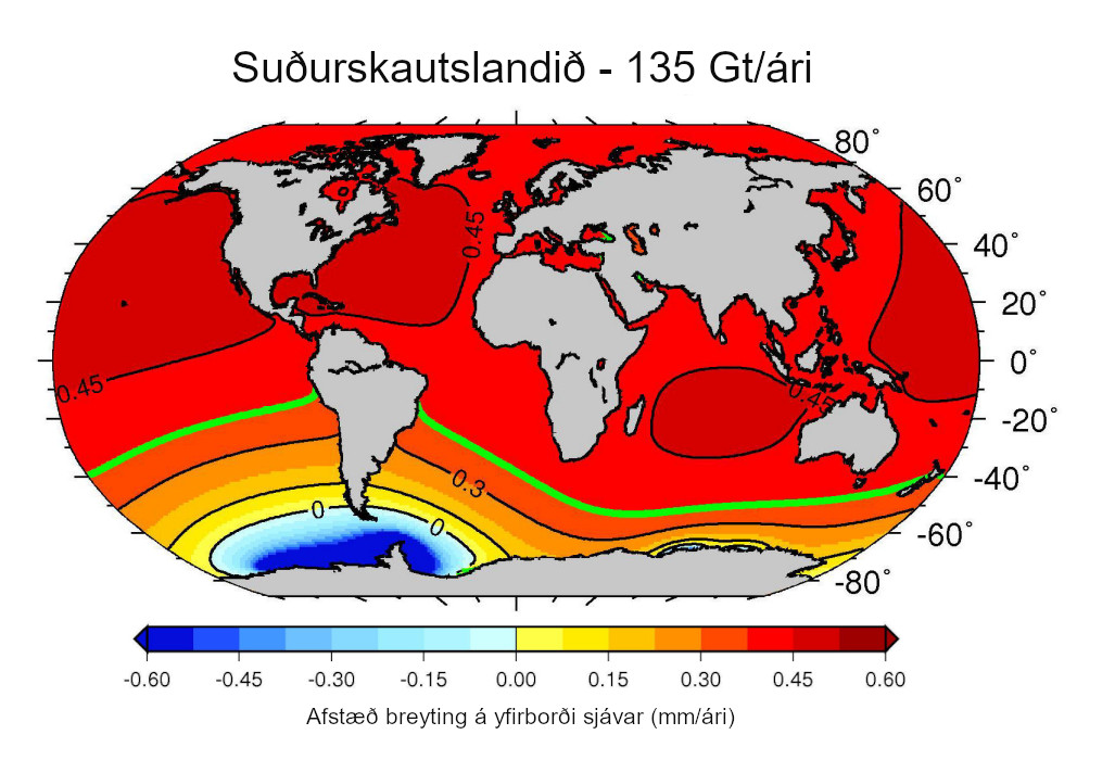 Skýringarmynd sem sýnir afstæða breytingu á yfirborði sjávar (mm/ári) vegna þyngdarkraftsáhrifa bráðnunar jökla á Suðurskautslandinu á tímabilinu 2000-2008 (mynd 2b í grein Bamber og Riva (2010)). Bláu litatónarnir tákna að sjávarstaða lækkar en gulu og rauðu tónarnir sýna hækkun. Skýringarmynd sem sýnir afstæða breytingu á yfirborði sjávar (mm/ári) vegna þyngdarkraftsáhrifa bráðnunar jökla á Suðurskautslandinu á tímabilinu 2000-2008 (mynd 2b í grein Bamber og Riva (2010)). Bláu litatónarnir tákna að sjávarstaða lækkar en gulu og rauðu tónarnir sýna hækkun.